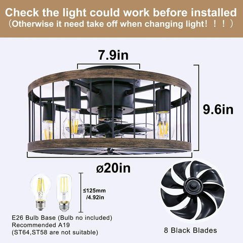 Diagram of 20 Inch Bladeless Caged Ceiling Fan With Lights Remote Control Low Profile Farmhouse Style Enclosed Rustic Fan