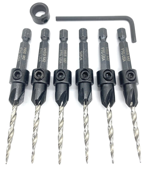 Six Piece Countersink Drill Bit Set For Wood With Depth Stop Collar And Hex Wrench Tapered Four Flute Countersink Bits For Woodworking Pros Carbon Steel Tools Adjustable Countersink And One Hex Wrench For Precise Depth Control
