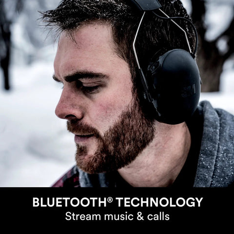 Person wearing Wireless Hearing Protector With Bluetooth, Gel Cushions, NRR 23 dB, Dope Sound From High Fidelity Speakers And Built In Microphone