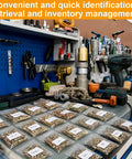 Top Shelf Grade 8 Bolt And Nut Assortment With Zinc Yellow Fasteners Flat Lock Washers Heavy Duty Hardware Kit organized on a workbench.