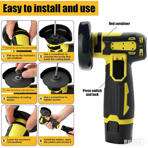 Instructions for installing Powerful 19500 RPM Cordless Angle Grinder With 4000mAh Battery and safety features