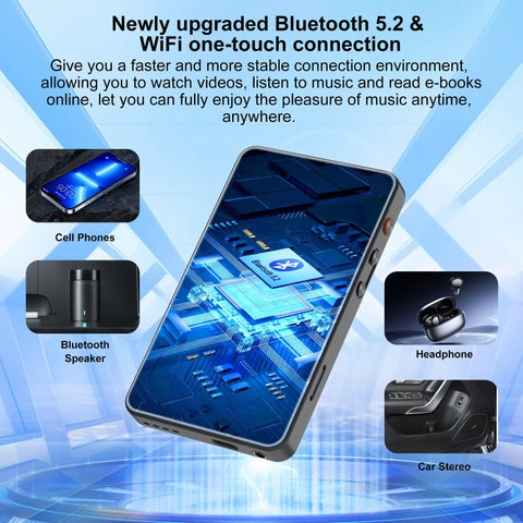All In One Portable MP3 Player With Bluetooth And WiFi, 144GB Storage, 4 Inch Full Color Touch Screen showing connectivity options
