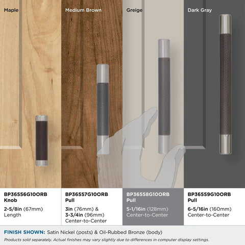 Esquire Satin Nickel And Oil Rubbed Bronze Cabinet Pull 128 mm Center To Center Drawer Handle displayed in wood finishes