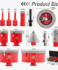 FOCSTOL 13pc diamond tile hole saw kit: red hole saws 6–100mm, milling/beveling bits, SDS/Hex, 115mm blade, case