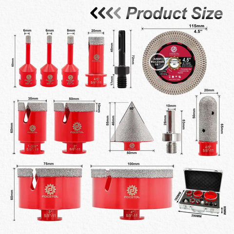 FOCSTOL 13pc diamond tile hole saw kit: red hole saws 6–100mm, milling/beveling bits, SDS/Hex, 115mm blade, case
