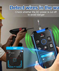 Man using a Stud Finder Wall Scanner4 in1Wall Stud Detector of AC Wire Wood Metal Studs to detect wires in wall.