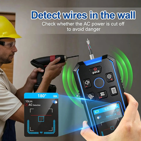 Man using a Stud Finder Wall Scanner4 in1Wall Stud Detector of AC Wire Wood Metal Studs to detect wires in wall.