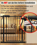 Installation guide for No Sweat Setup Extra Wide Baby Gate For Doorways And Stairs showing zip ties and latch system.