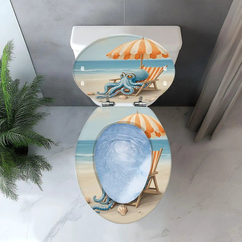Toilet Seat Elongated Resin for Bathroom with octopus and beach scene, suitable for standard elongated toilets.