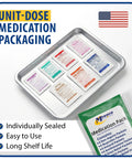 MFASCO 7-in-1 Travel Medicine Kit on metal tray with 28 individually sealed OTC packets.
