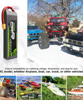3S 11.1V 5000mAh 120C LiPo Battery With XT60 And Traxxas Plug Two Pack displayed with RC cars and boats