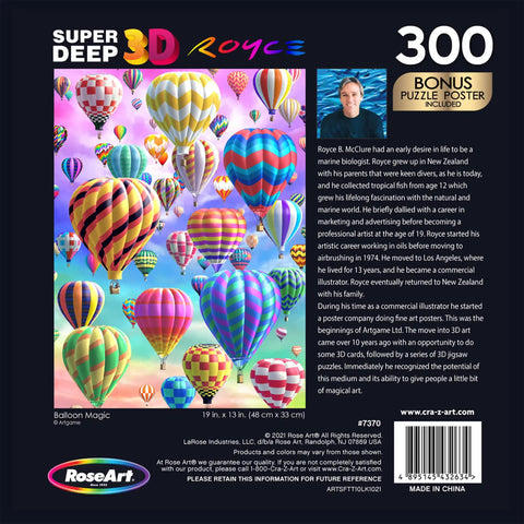 Super Deep 3D Lenticular Hot Air Balloon Puzzle, 300 XL Pieces For Adults box showing colorful balloon design and artist bio