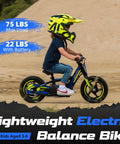 Kids Electric Dirt Bike For Ages 3 6, 170W Racing Grade Electric Motorcycle With Aluminum Frame, Dual Power Modes, 24V Detachable Battery, 12 Inch Knobby Tires, Off Road Mini Racer For Backyard Tracks, child riding side view