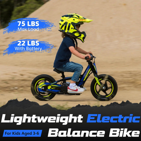 Kids Electric Dirt Bike For Ages 3 6, 170W Racing Grade Electric Motorcycle With Aluminum Frame, Dual Power Modes, 24V Detachable Battery, 12 Inch Knobby Tires, Off Road Mini Racer For Backyard Tracks, child riding side view