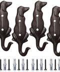 Kickass Cast Iron Dog Tail Hooks, Straight Up 4 Pack Wall Mount Leash Holders With Screws and Anchors shown with mounting hardware.