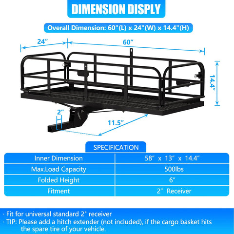 Heavy Duty Hitch Mount Cargo Carrier 60x24x14 Inch Folding Rear Luggage Basket dimensions and specifications