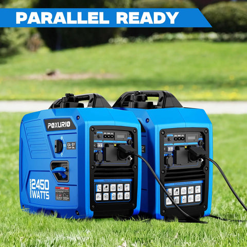 Parallel-ready 2450 Watt Portable Inverter Generators for Home and Outdoor Use, shown on grass.