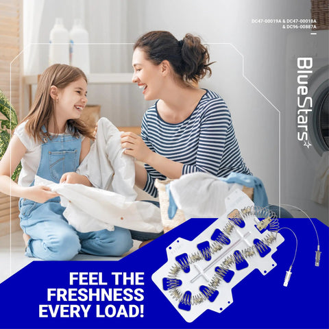 Samsung Dryer Heating Element Kit With Thermostat And Thermal Fuse Bracket 5300W 240V Replacement shown with family doing laundry.
