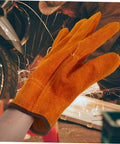 Rock Solid Full Leather Welding Gloves For Men And Women Electric Safety Gear With Daily Heavy Duty Grip Thick Palm Padding in orange.