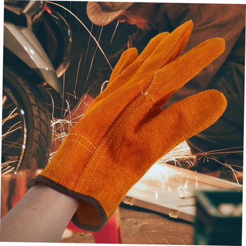Rock Solid Full Leather Welding Gloves For Men And Women Electric Safety Gear With Daily Heavy Duty Grip Thick Palm Padding in orange.