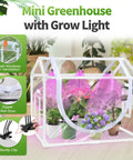 Indoor Mini Greenhouse Kit With Adjustable Led Grow Light And Timer Tabletop Garden Starter for beginners, with zipper and plants inside.