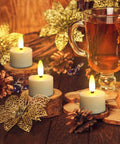 USB Rechargeable 3D Wicks Tealight Candles Flameless Flickering Battery Operated With Remote Control And Timer beside tea and decor