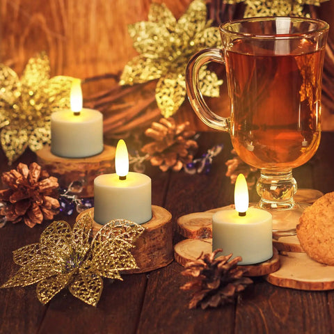 USB Rechargeable 3D Wicks Tealight Candles Flameless Flickering Battery Operated With Remote Control And Timer beside tea and decor
