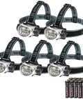 Five Pack LED Headlamps With 8 LEDs Four Lighting Modes Pivoting Head Adjustable Strap Built For Running Camping And Hiking Batteries Included