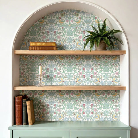 Classic William Morris Style Peel And Stick Wallpaper Removable Self Adhesive Vinyl Roll With Trim Grid For Zero Hassle Home Flip No Drama Waterproof Contact Paper on wooden shelves with books and plants.