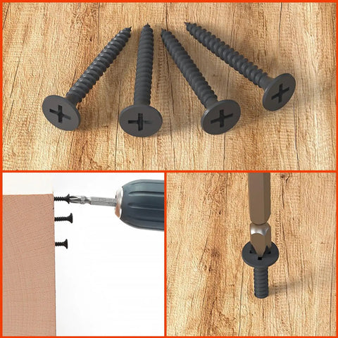 Go-To Drywall Screws Kit With 220 Black Wood Screws In 5 Sizes for Sheetrock and Picture Frames, Phillips head close-up