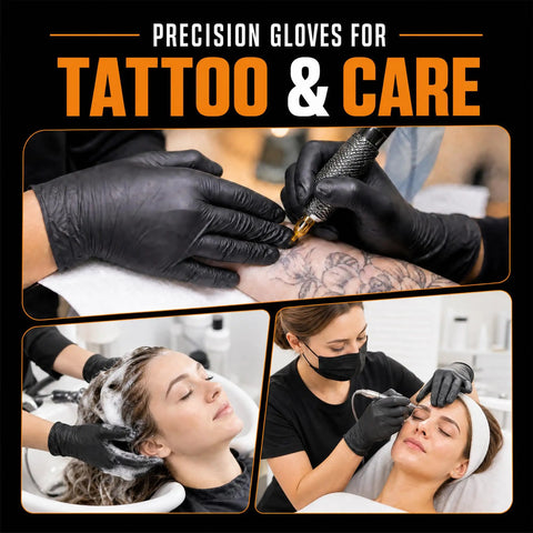 Heavy Duty 7 Mil Black Nitrile Disposable Gloves For Mechanics Built Different Rock Solid Puncture Resistance And Dang Good Grip Packaged In A Slick Dispenser Box used for precision work in tattoo applications and hair care.