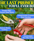 Hands using Pro Grade 8.75 Inch Titanium Bypass Pruning Shears For Gardening to cut plant, showing red handles and titanium blade.