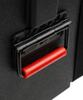 Close-up of the red retractable pull handle on Hella Rugged Roto Molded Drum Hardware Case With Retractable Pull Handle And Inline Wheels Lightweight Stackable Road Ready Gig Armor For Touring Professionals Nationwide.