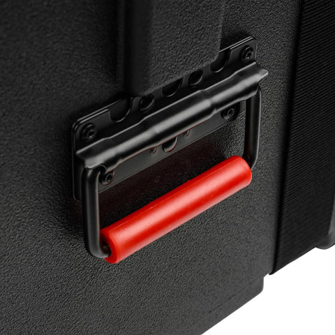 Close-up of the red retractable pull handle on Hella Rugged Roto Molded Drum Hardware Case With Retractable Pull Handle And Inline Wheels Lightweight Stackable Road Ready Gig Armor For Touring Professionals Nationwide.