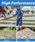 Person using 10 Inch Universal Weed Brush Cutter Head For String Trimmers With 10mm Drive Shaft in garden; before and after clearing moss on pavement.