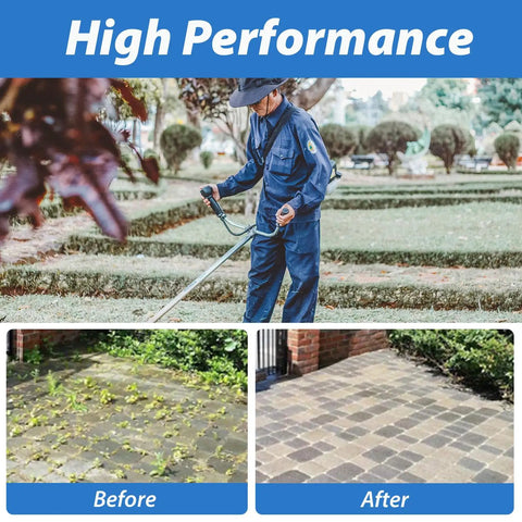 Person using 8 Inch Universal Weed Brush Cutter Trimmer Head For Straight Shaft String Trimmers on pavement and grass.