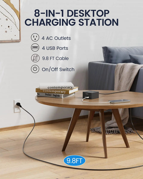 Power Strip Surge Protector With 9.8 Foot Cord And Mountable Design on a table with books and a charging cable setup.