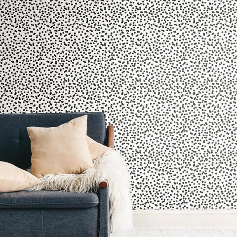 Black and White Confetti Peel and Stick Wallpaper Removable Self-Adhesive Roll for Easy No Mess Decor, wall with couch view.