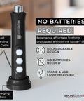 Handheld USB C Rechargeable Milk Frother With 3 Speed Settings And Stainless Steel Double Whisk, black with charging base.