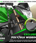 Heavy-Duty Retractable Ratchet Straps Two-Pack, 1-Inch X 10-Feet Long, 1209-Lb Capacity, shown securing a motorcycle.