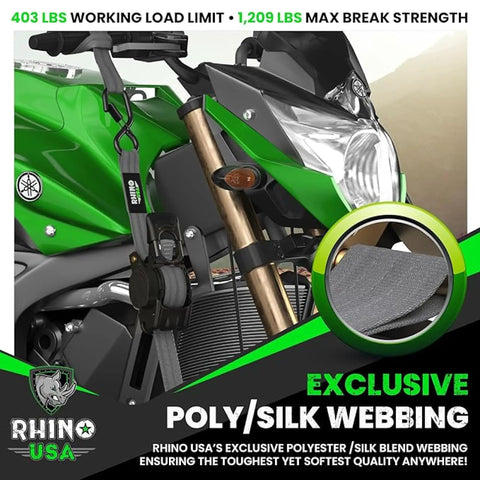 Heavy-Duty Retractable Ratchet Straps Two-Pack, 1-Inch X 10-Feet Long, 1209-Lb Capacity, shown securing a motorcycle.