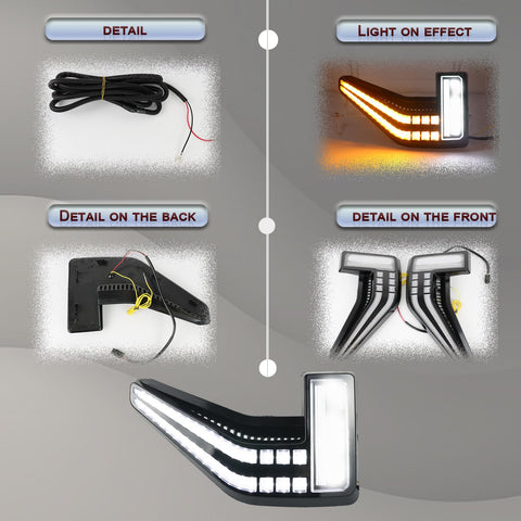 Amber LED Fender Side Marker Lights Kit For Ford F150 2021 2022 2023 2024 2025 Pickup Truck Front Fender Lamps With Sequential Turn Signal and Daytime Running Light showcases wiring, back detail, and illuminated effect.