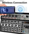 Wireless connection feature on 7 Channel Audio Mixer With Bluetooth Interface 16 Bit DSP Effects 48V Phantom Power Karaoke Studio Streaming