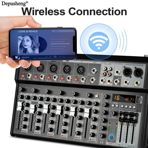 Wireless connection feature on 7 Channel Audio Mixer With Bluetooth Interface 16 Bit DSP Effects 48V Phantom Power Karaoke Studio Streaming