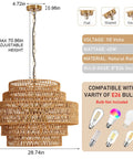 Epic Large Gold Boho Rattan Chandelier With 8 Lights, adjustable up to 70 inches, shown with dimensions and bulb compatibility details.