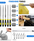 Auziya 45-pc 3D printer tool kit with needle files, deburring tools, nozzle cleaning kit, pliers, scrapers and hobby knife blades (front view).
