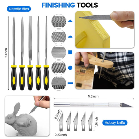 Auziya 45-pc 3D printer tool kit with needle files, deburring tools, nozzle cleaning kit, pliers, scrapers and hobby knife blades (front view).