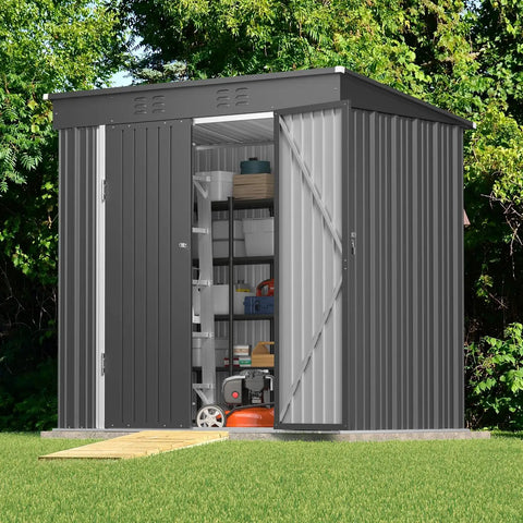 Spacious 6 By 4 Outdoor Storage Shed With Double Lockable Doors Anti Corrosion Metal Construction Waterproof Design with open door