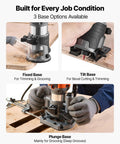 Heavy Duty One Horsepower Wood Router And Palm Edge Trimmer With Variable Speed Control featuring fixed, tilt, and plunge bases for versatility in woodworking.