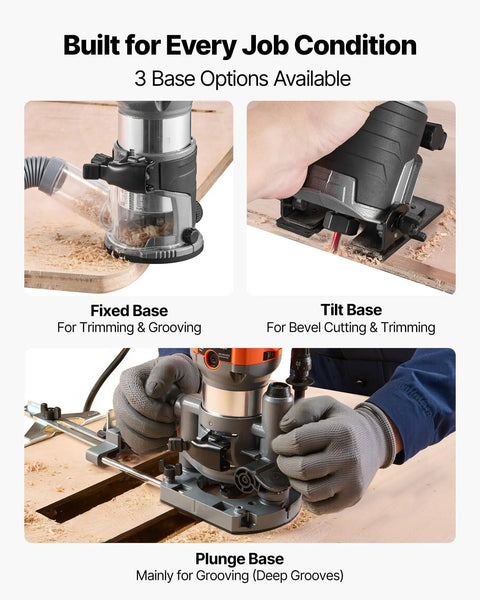 Heavy Duty One Horsepower Wood Router And Palm Edge Trimmer With Variable Speed Control featuring fixed, tilt, and plunge bases for versatility in woodworking.
